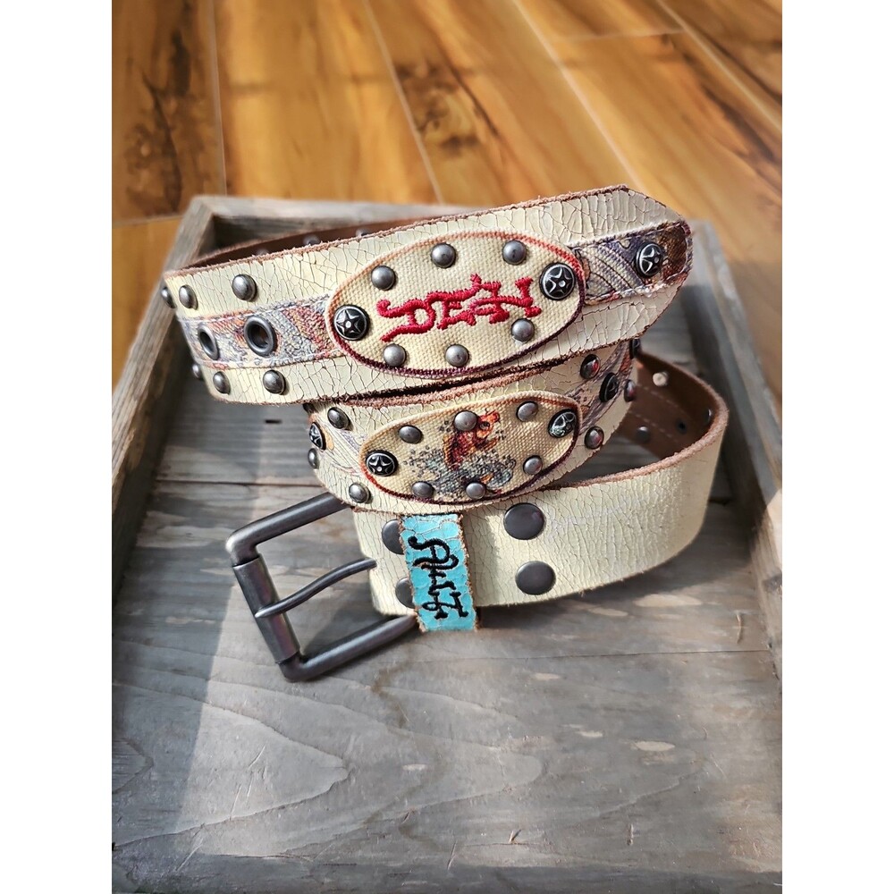 Vintage Ed Hardy x Christian Audigier Distressed Leather Belt Koi Fish Tattoo